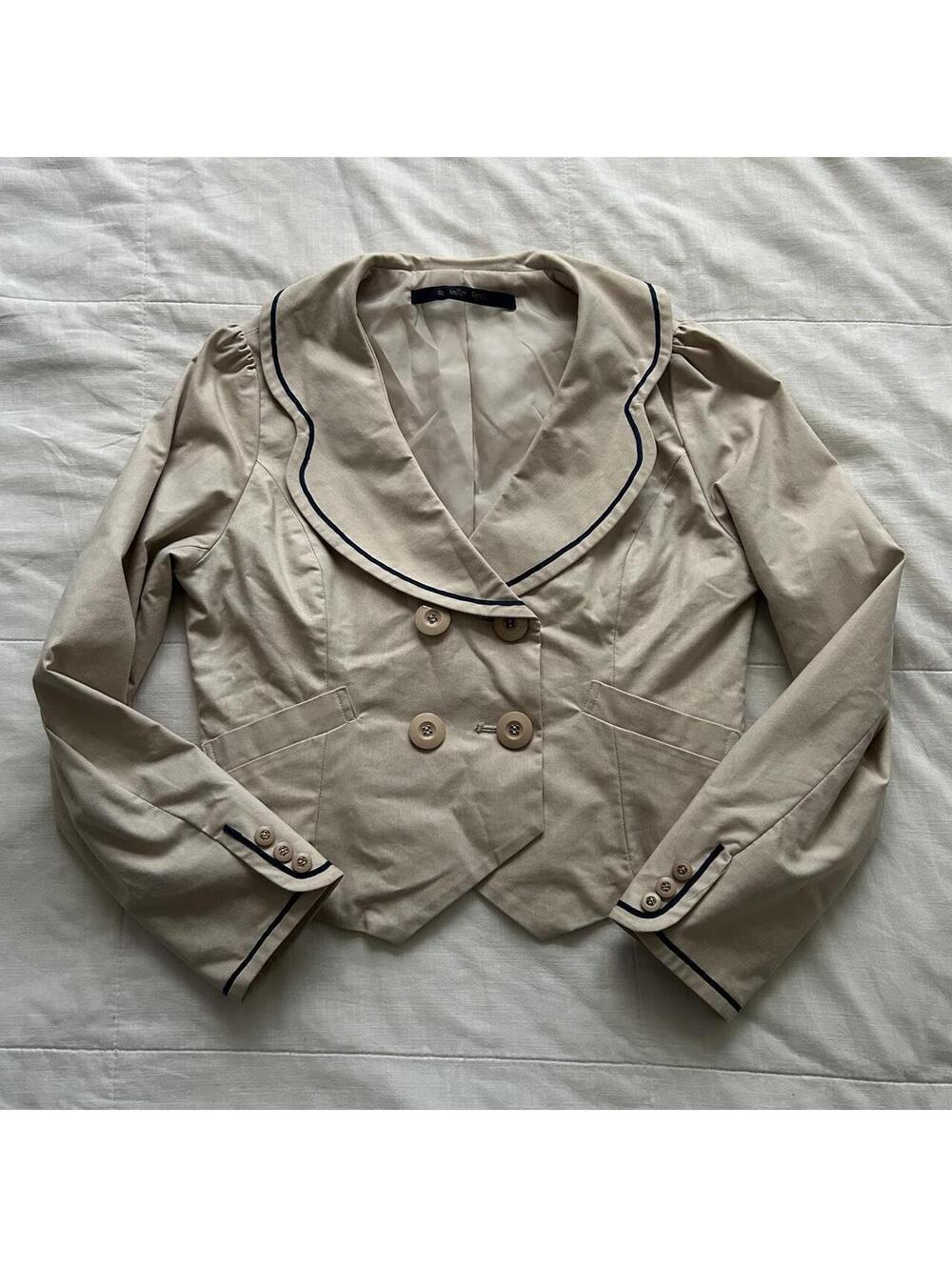 An Other Angelus Beige Cropped Sailor Collar Blazer Navy Piping Double Breasted